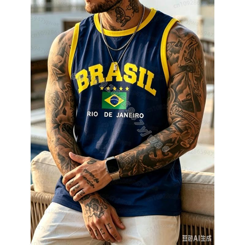 Sommer Mænd GUL BRASIL 10 Print Stribe Rund Hals Afslappet Tanktop Basketball Trøje Vest Kæreste Stil Sport Basketball Vest