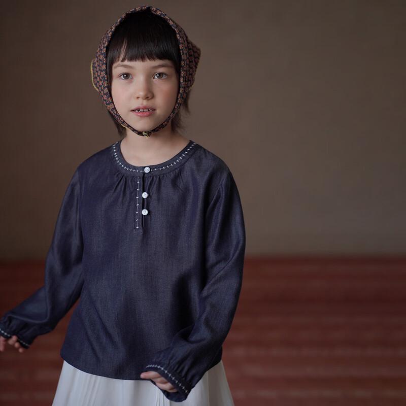 Hacikis Kids  Lyocell Denim Pullover Shirt with Contrast Embroidery 130