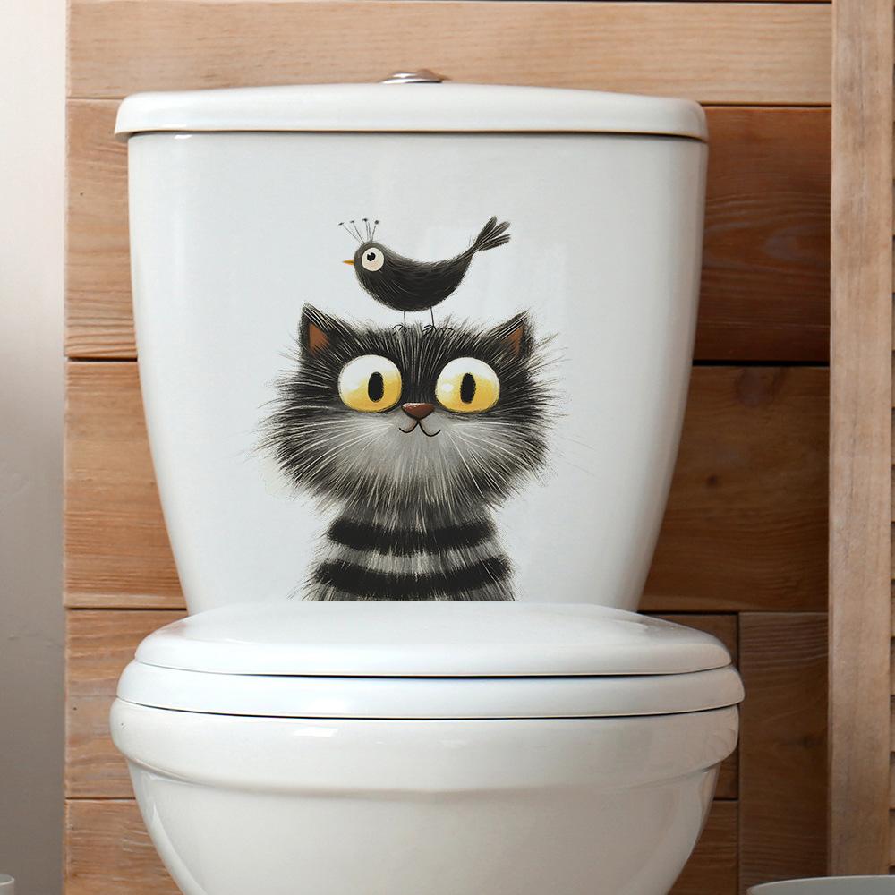 

Cartoon Grey Cat Bird Toilet Bathroom Decoration Wall Stickers 29*29CM/fun-m339