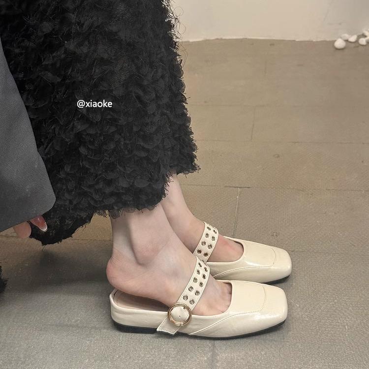 XINZHOU inner height increase square head Mary Jane shoes women's new 2025 bag head flat bottom half slippers outer wear cool slippers