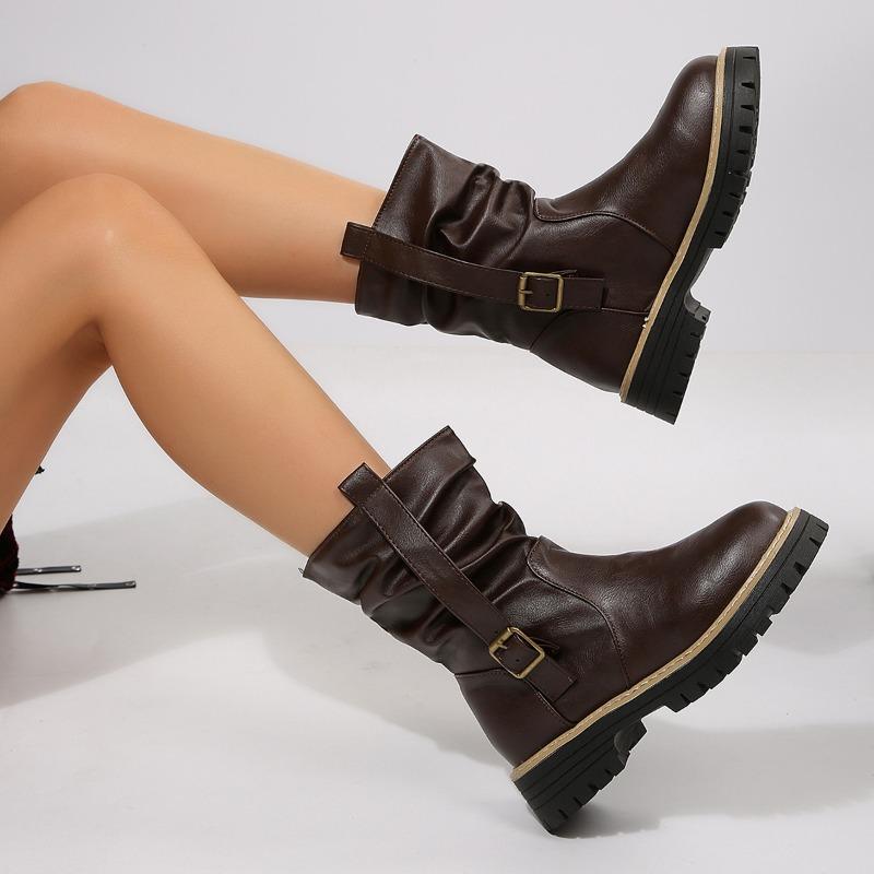 Damskie botki na szeroką stopę z okrągłym noskiem na słupku - marszczone botki slouch z klamrą na jesień/zimę, retro brytyjski styl, botki na masywnym obcasie