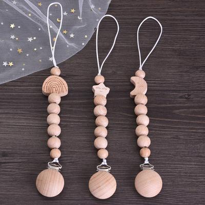 Baby Beech Wood Pacifier Clip Hand Ring Set Wooden Round Bead Soother Nipple Chain For Nursing Toy Infant Teether Teething Chain