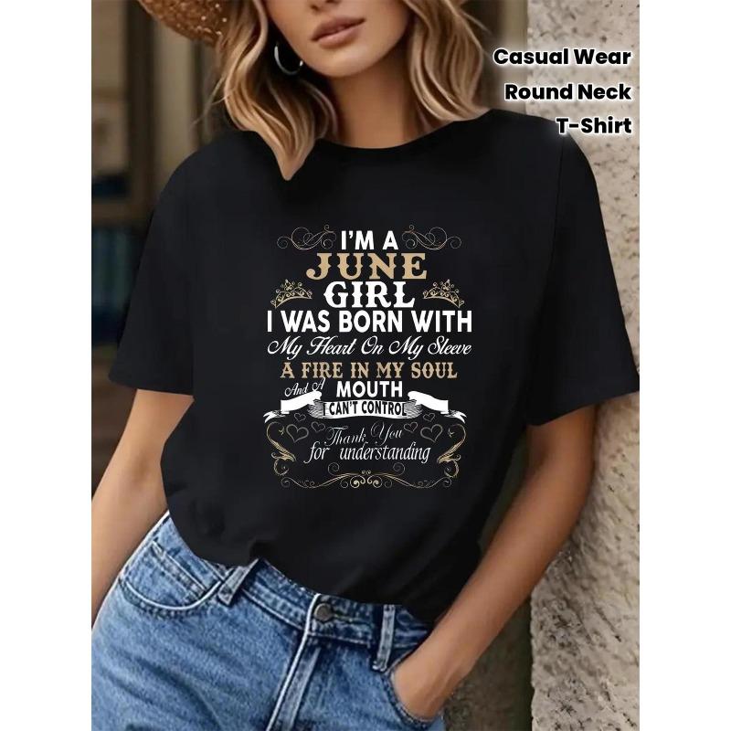 

Women June Birthday Graphic T-Shirt Black Golden Lettering Floral Design Round Neck Short Sleeve Summer Casual Relaxed Fit Machine Washable Top 4XL чорний