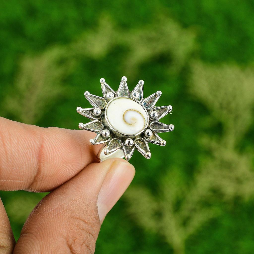 925 Sterling Silver Oval Shiva Eye Shell Stone New Stackable Flower Ring Jewelry