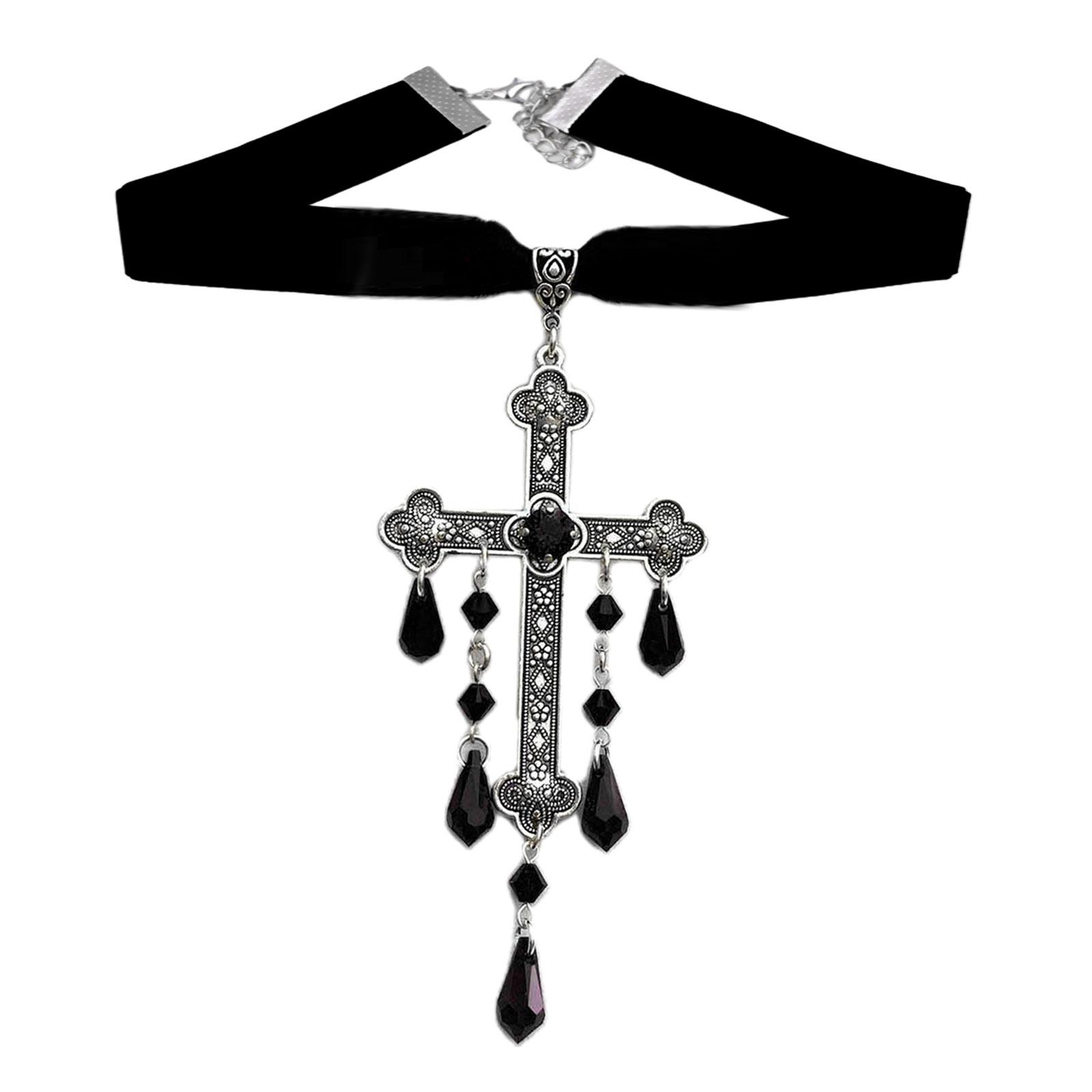 

Adjustable Large Crossses Pendant Vampires Choker Trendy Gothic Fashion Accessory Stylish Velvety/Metal Collarbone Chain 1