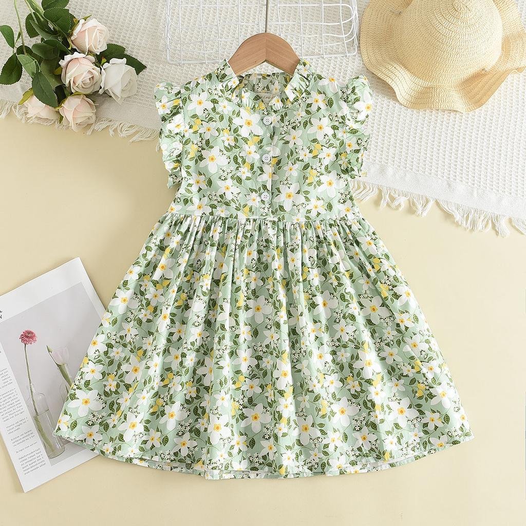 Summer Girls Dress Stand-up Collar Flying Sleeve Floral Skirt Fresh Button Doll Skirt