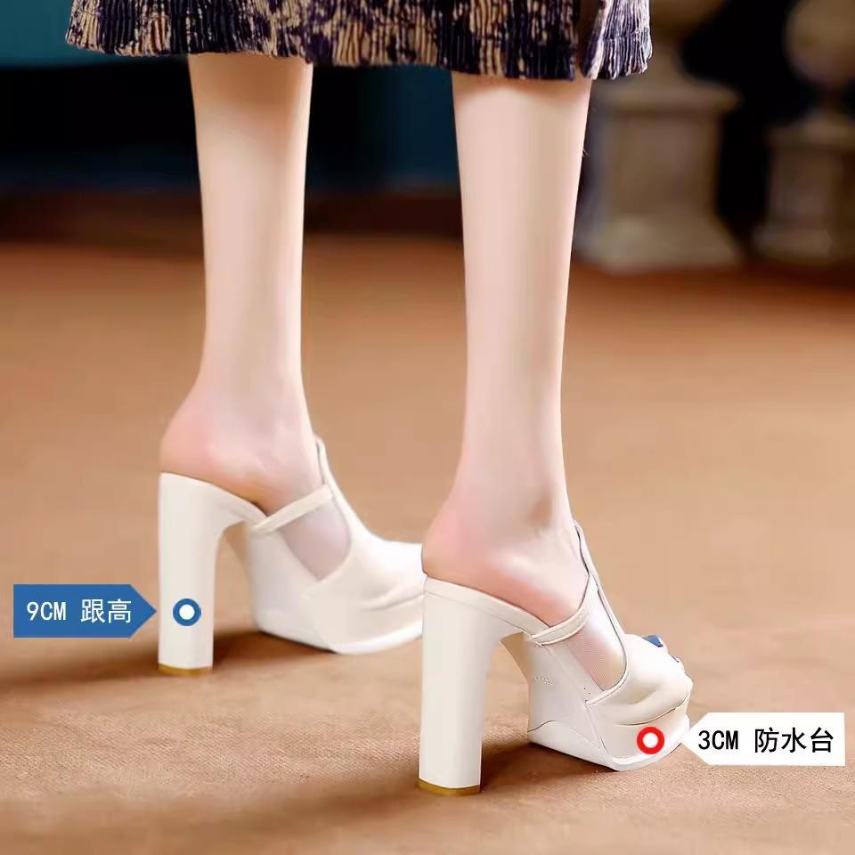 European and American fish mouth super high heels women's black summer 2025 new splicing mesh thick heel cool slippers outer wear