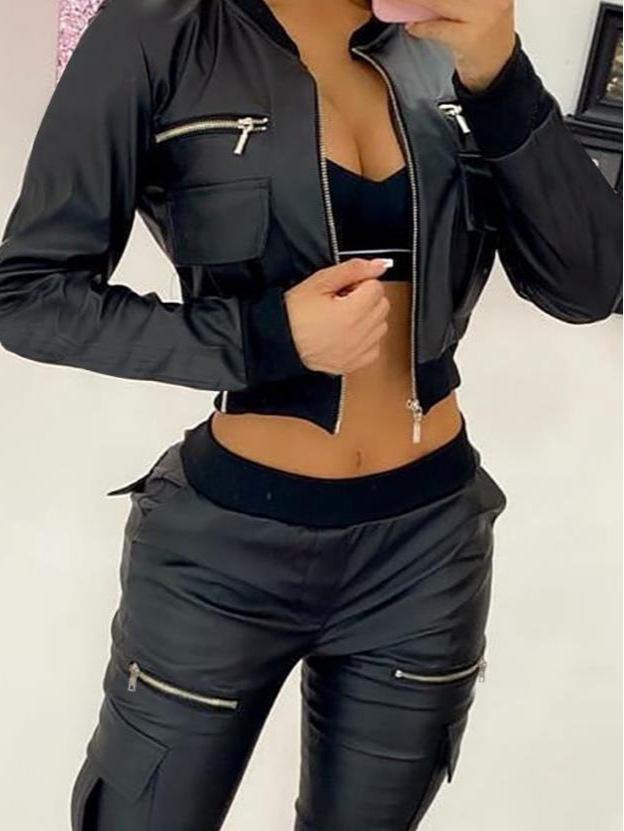 Trendy 2024 Black PU Zipper Short Jacket for Women - European & American Style