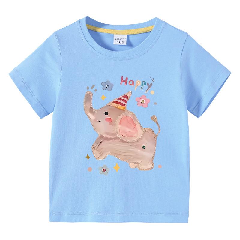 Girls TShirt Cute Elephant Print Short Sleeve Tee 100 Cotton Soft Breathable Summer Tops for Kids Children