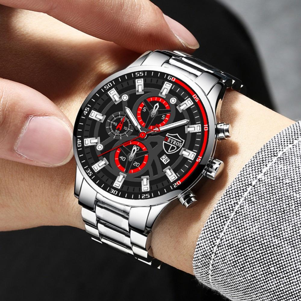 DEYROS Fashion Business Men's Watch Stainless Steel with Calendar Quartz Watch with Box