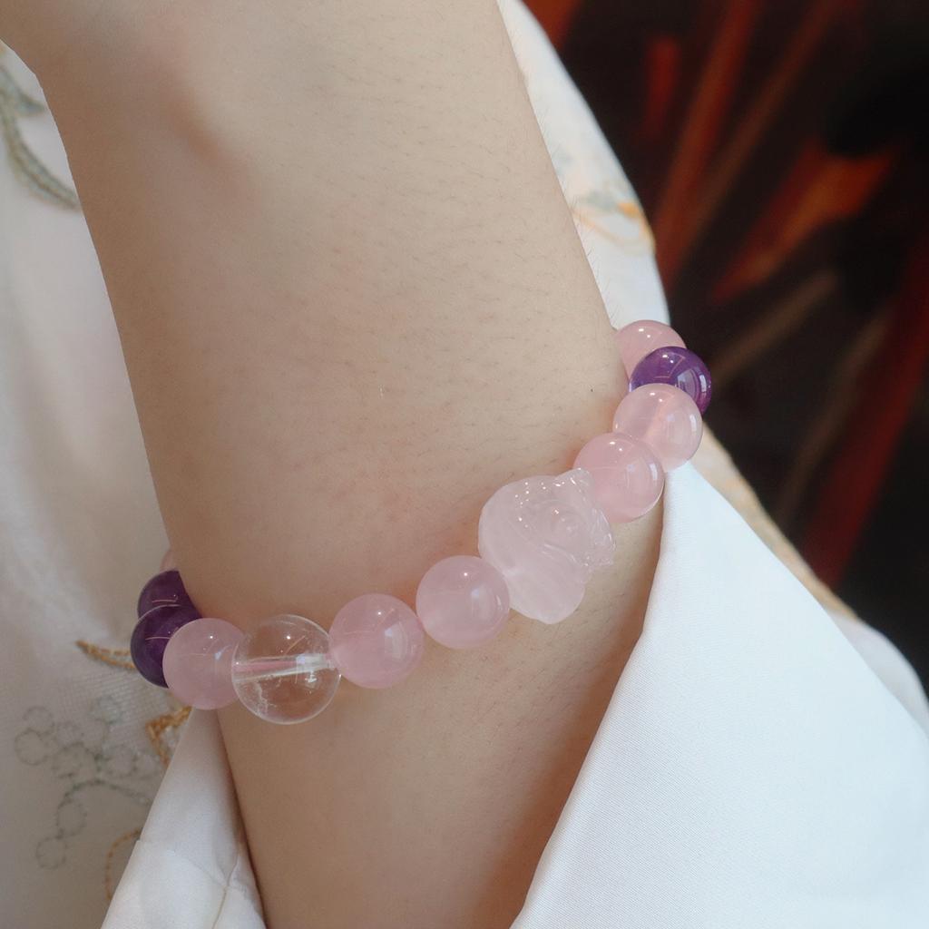 Natural Pink Quartz Crystal Bracelet for Women,fashion Design Amethyst Bracelet Powder Crystal Beaded Jewelry