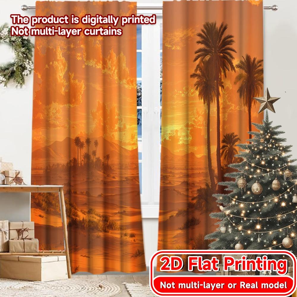 2D Flat Printing  2pcs Desert Oasis Dawn Popular Fashionable Curtains Versatile Polyester Fabric Curtains Gifts for Living Room 100*130 Rod Pocket 1pcs
