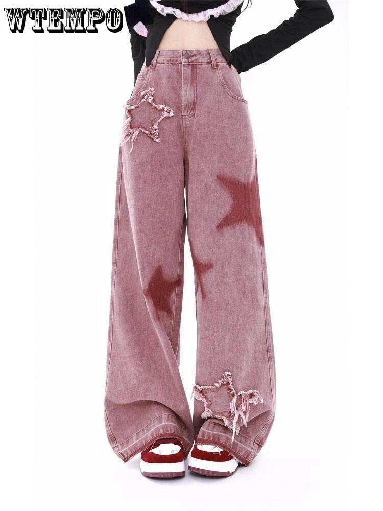 

WTEMPO Y2k уличные брюки-карго женские свободные лоскутные женские джинсы с пятиконечной звездой осень-зима женские джинсовые широкие брюки S розовый