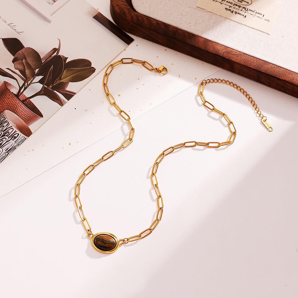 Ying Tai 18K Gold Plated Necklace with Tiger Eye Pendant: Stainless Steel Clavicle Chain, High Polish Finish, Women's High-End Style.
