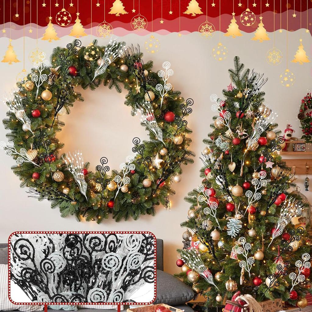 36 Pcs Black White Christmas Tree Picks, 17'' & 12'' Glitter Berry Branches for Wreath, Vase, Home Decor
