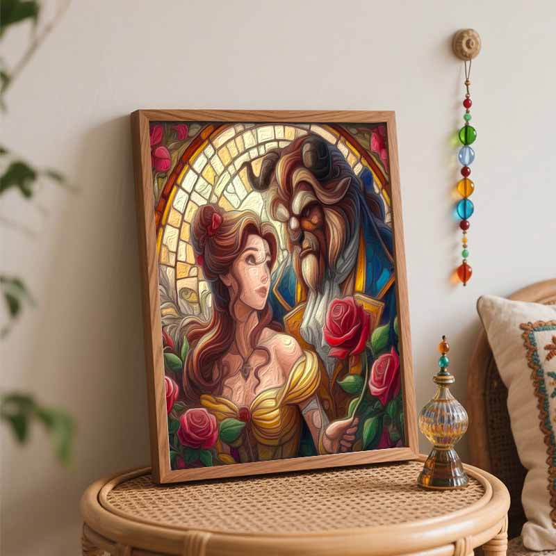 Disney Beauty Beast Oil Painting Kit Home Bedroom Wall Decor Handmade Gift Romantic Stained Glass Art Canvas Craft for Couple Lovers