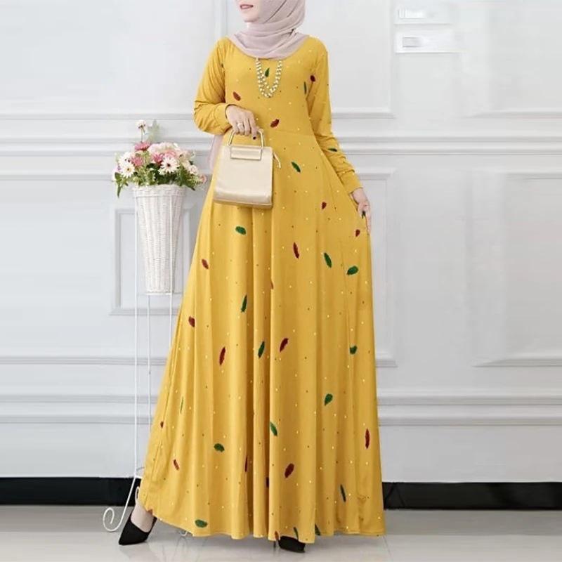 2025 Muslimisches Damen Polka Dot Print Langarm Swing Kleid
