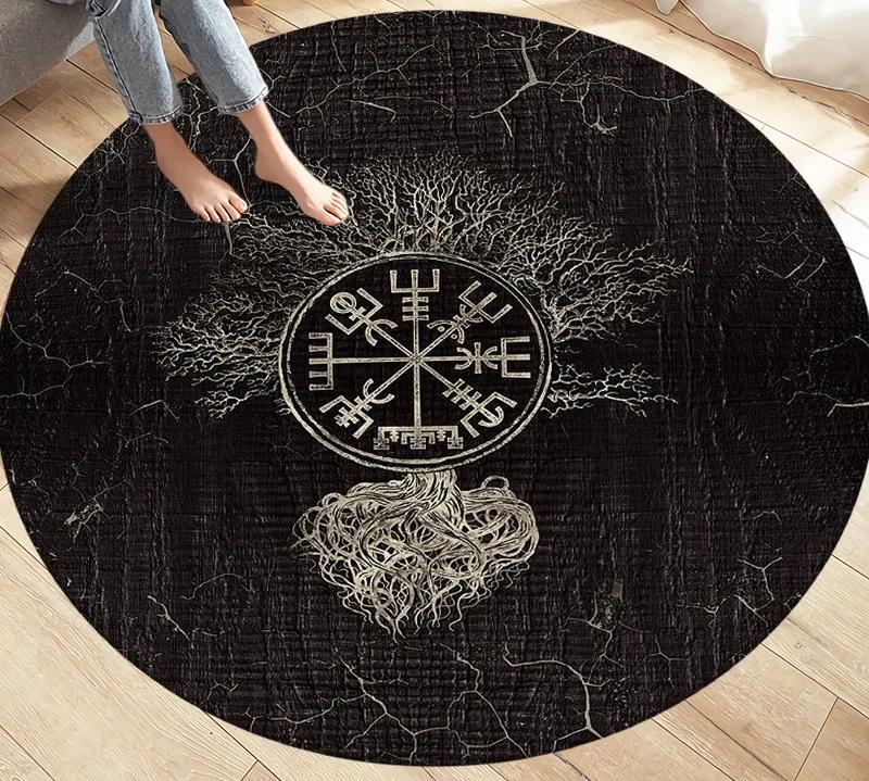 Viking Valknut Yggdrasil Tree of Life Area Rug Round Carpets Rugs for Living Room Bedroom Foot Pad Decoration Non-slip Floor Mat
