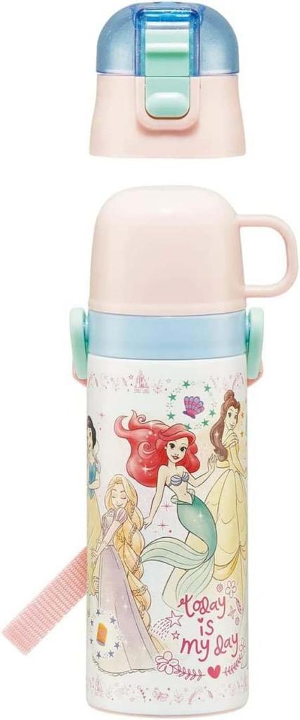 Skater Children's Water Bottle, 2-Way, 470ml (Direct Drinking) or 430ml (Cup Drinking), Disney Princess Design, Size 23, Girls, Stainless Steel,
