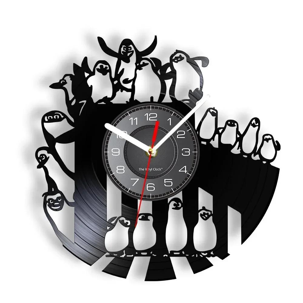 Cute Penguin Mural Wall Clock Baby Penguin Vinyl Record Wall Clock Penguin Family Children's Room Decoration Wall Watch Gift