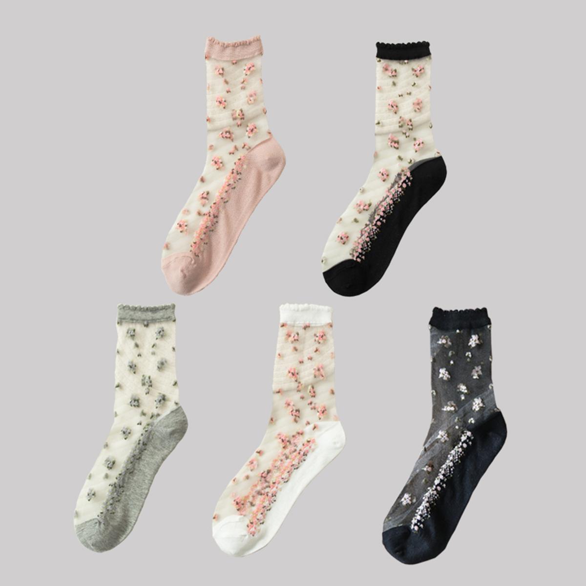 

5 пар/компл. дышащие женские шелковые носки с кристаллами розы и вышивкой для дам, летняя мода, эластичные