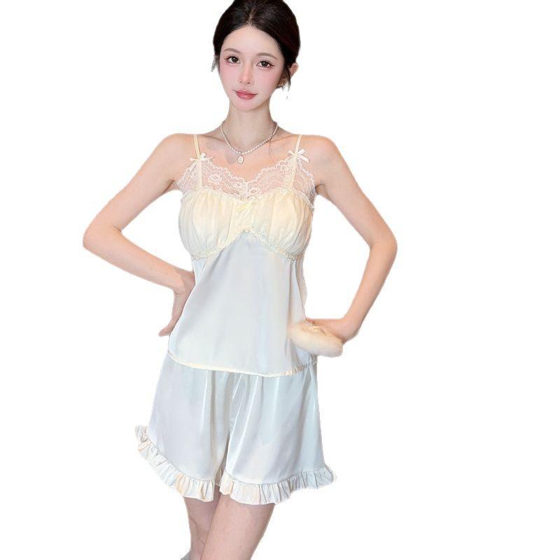 Women's thin summer ice silk pajamas, girls' pure desire suspender shorts, spring and autumn pajamas, pink and sexy loungewear set