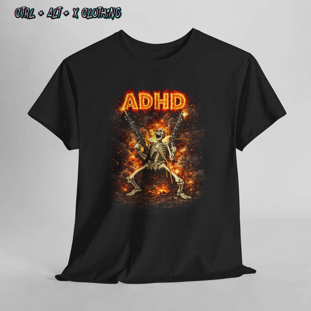 ADHD Skeleton Rocker Tee Fire Guns Autism Vintage Flame Graphic T-Shirt