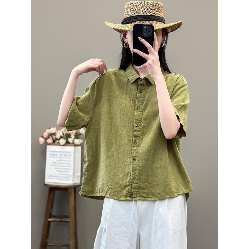 Literary and retro style linen shirt women's summer temperament commuting solid color versatile lapel cotton and linen five-quarter sleeve top women