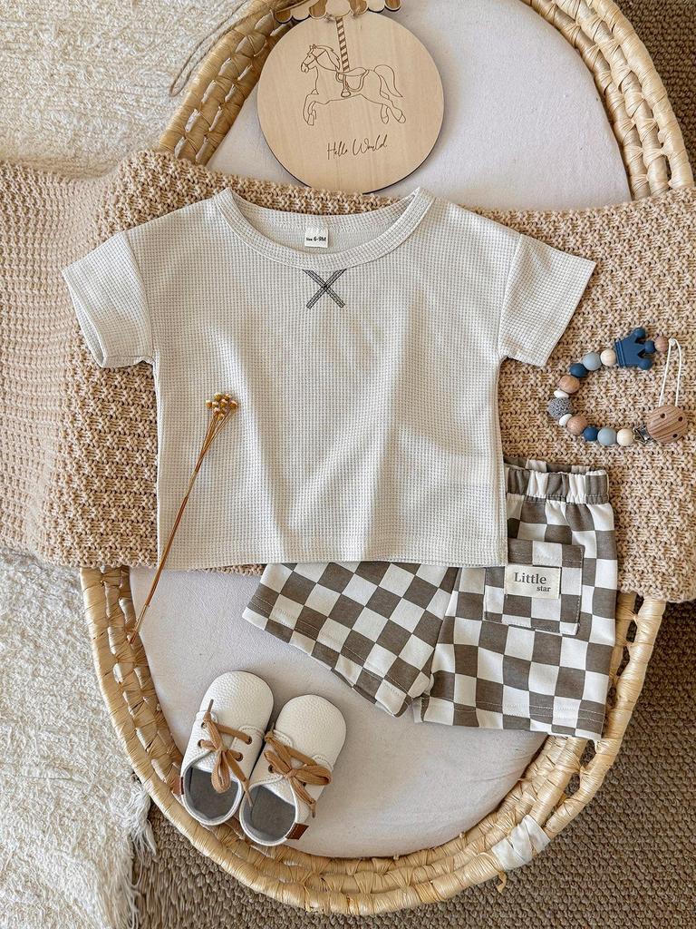 Koreanisches Sommer Baby Karo Shorts Set: Unisex Zweiteiler mit kurzen Ärmeln