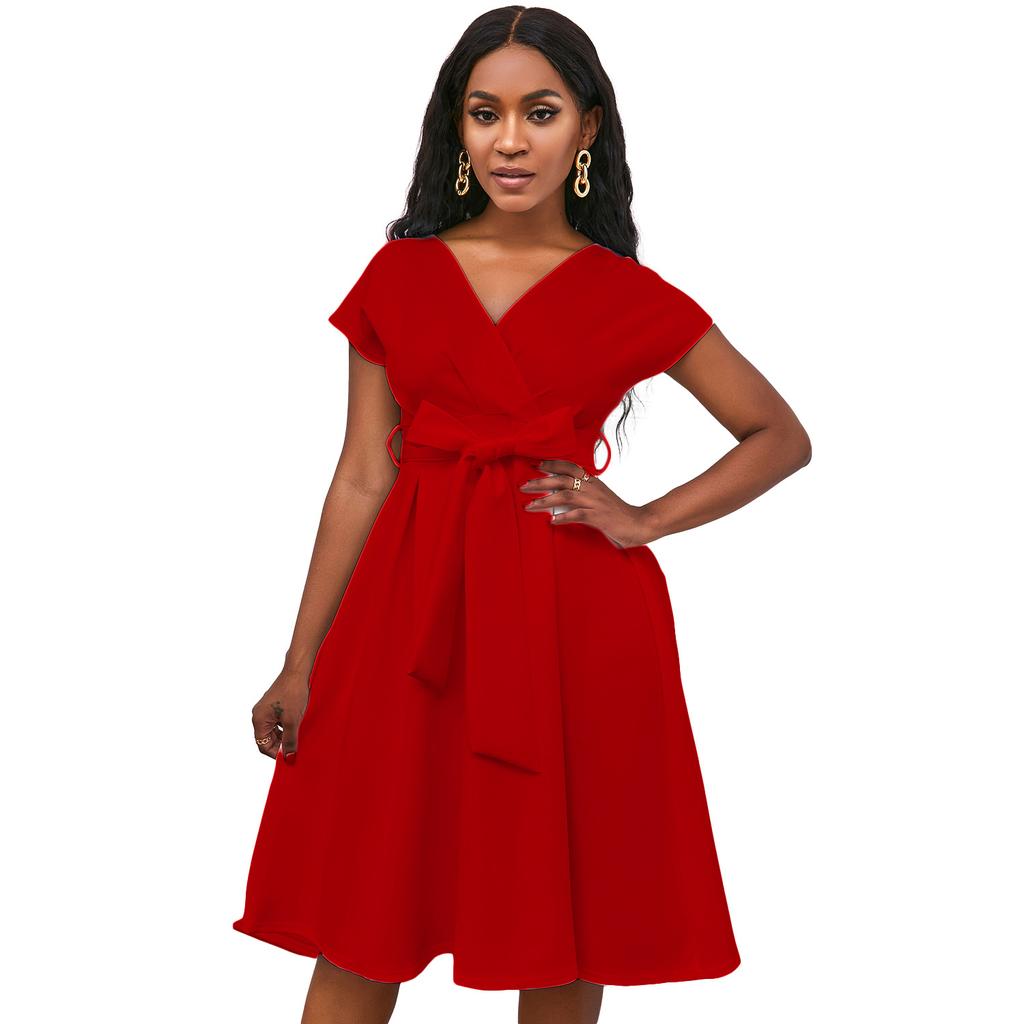 Large Size Women Summer Fashion Solid Bowknot Bandage Dress Ladies One Piece V Neck Nipped Waist Dress