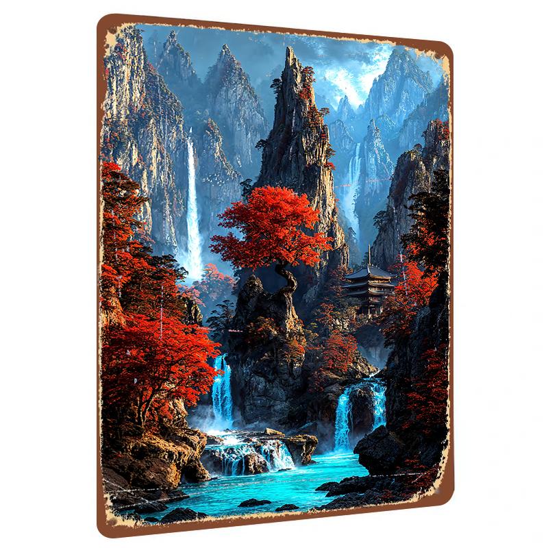 

Chinese Landscape Metal Wall Art Ancient Temple Waterfall Red Leaf Scenery Home Decor Painting 20x30cm（7.8x11.8inch）