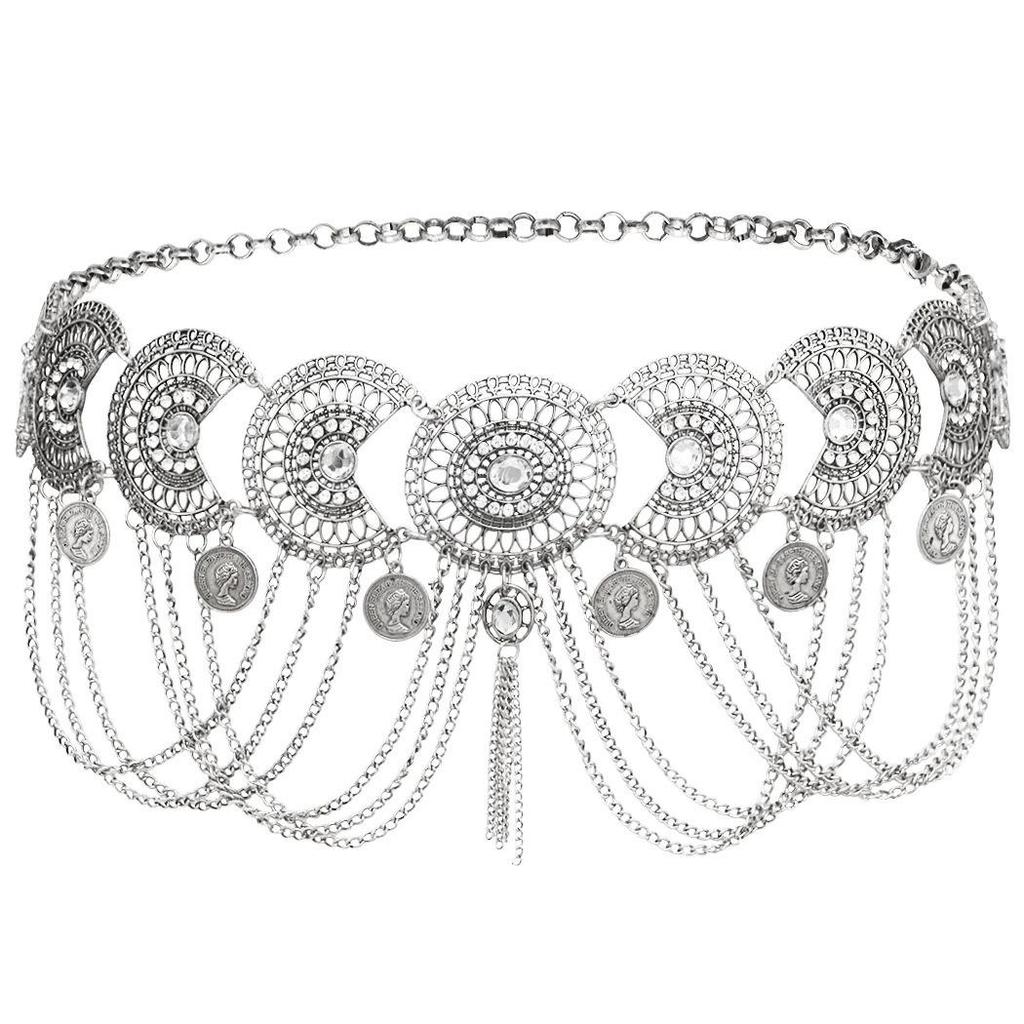 Retro Ethnic Floral Waist Chain with Carved Coin Tassels and Geometric Hanfu Dance Accessories