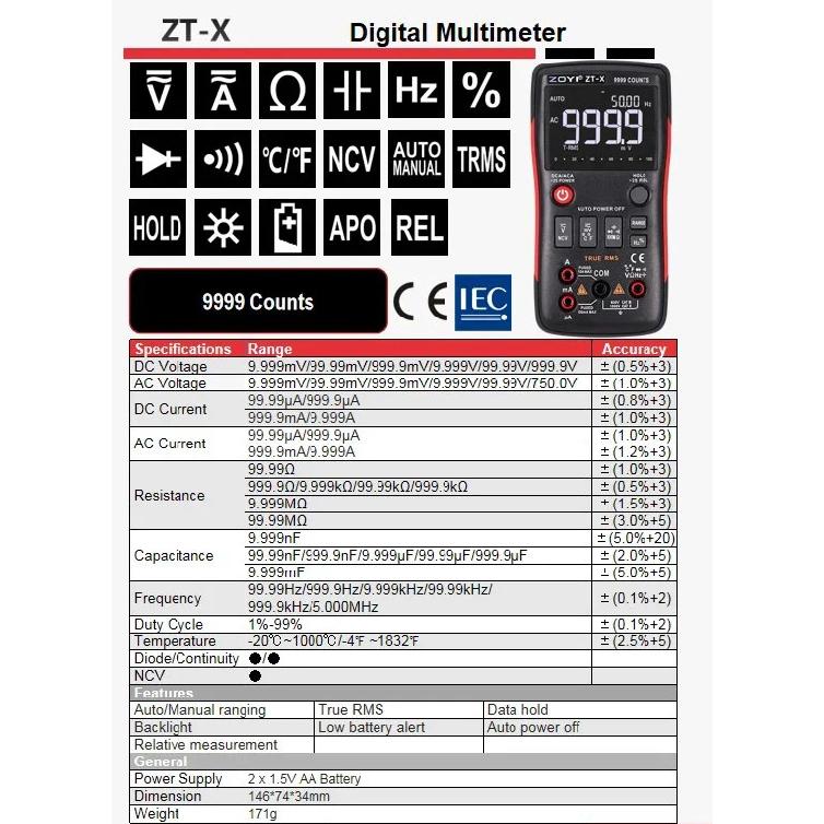 ZOYI Digital Multimeter ZT-X T-RMS Auto Range EBTN LCD Display DC/AC Voltmeter Ammeter Current Capacitor Ohm Temp Hz NCV Tester