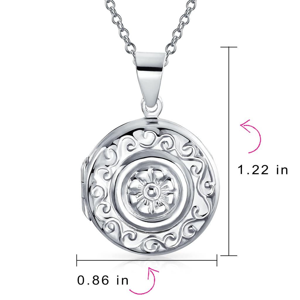 Medaillon-Halskette mit Foto-Anhänger aus Sterlingsilber mit geprägtem Foto, kreisförmiges Boho-Medaillon mit Schriftrolle und Blume für Frauen und Teenager, 925