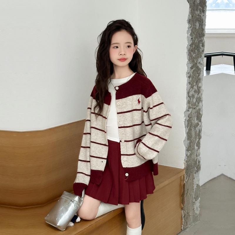 2025 Girls' Striped Knit Cardigan Sweater - Trendy Spring & Autumn Fashion for Big Children