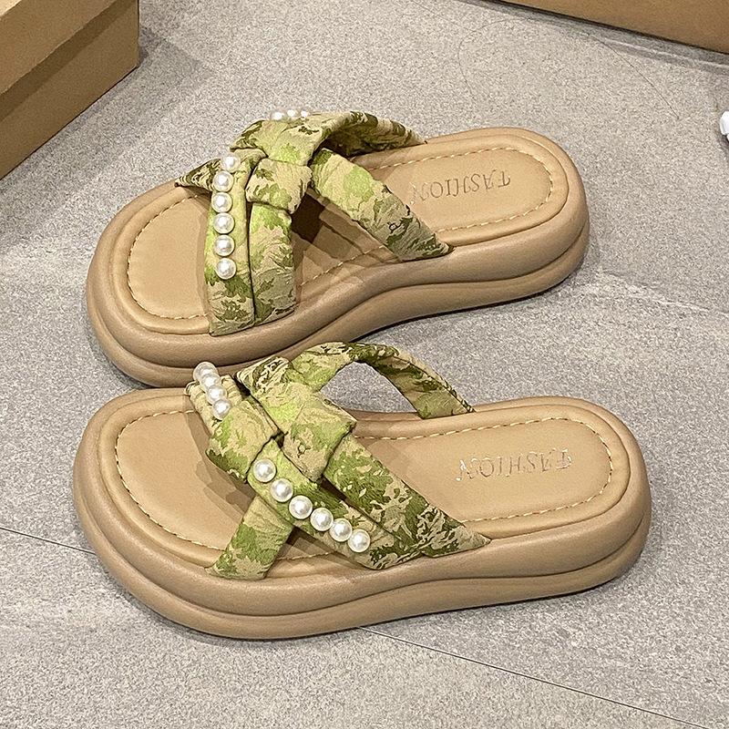 Pearl National Style Fairy Wind Cool Slippers Female 2025 Summer New with Skirt Sandals Thick-bottomed Beach One-word Slippers