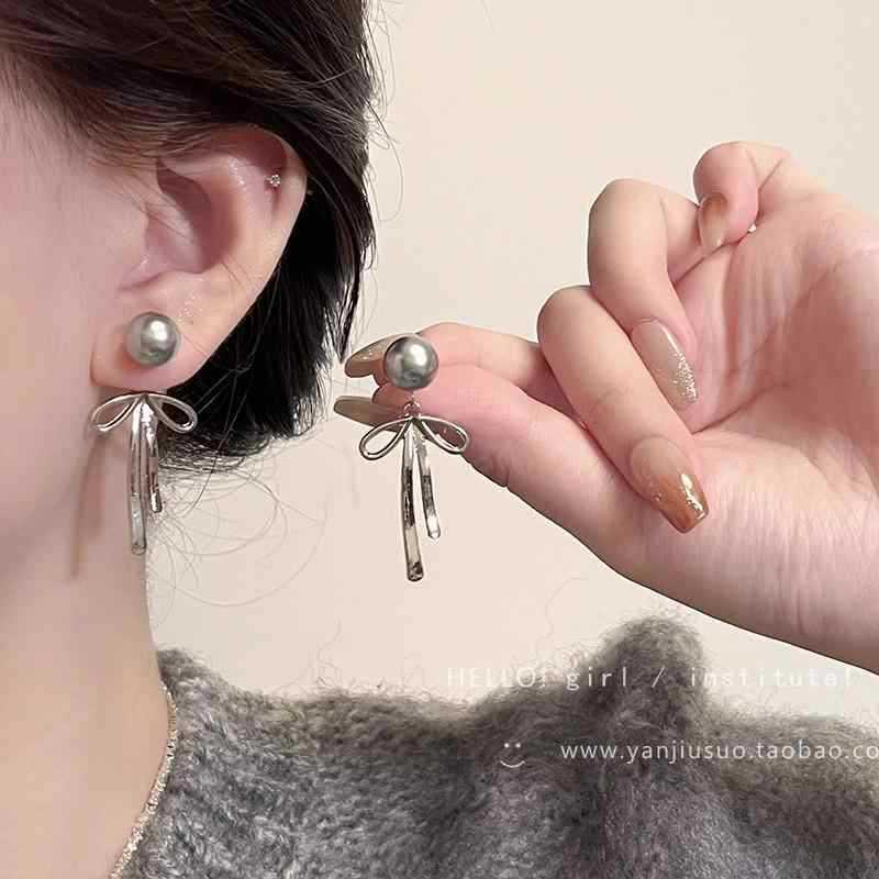 2025 Trendy Korean Micro-Inlaid Zircon Bow Earrings with S925 Silver Needle and Pearl for Women