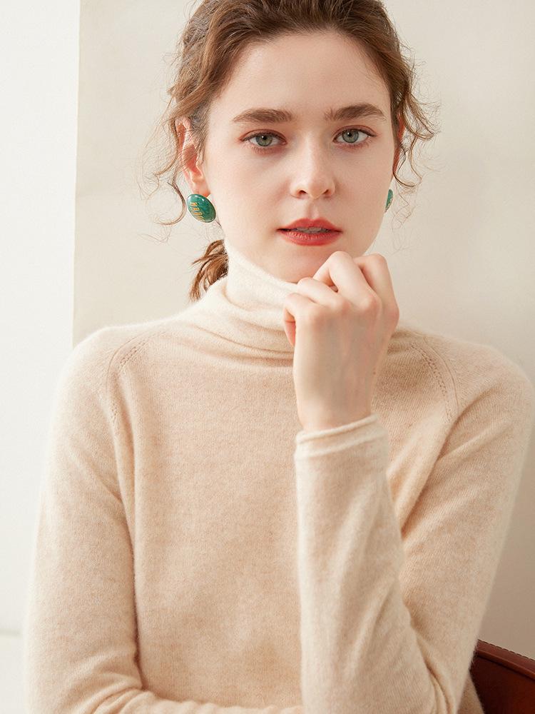 Women's Cashmere Sweater: Rolled Hem, Pile Collar, Solid Color, Loose Fit, Slimming Raglan Sleeve, Pure Wool Knit.