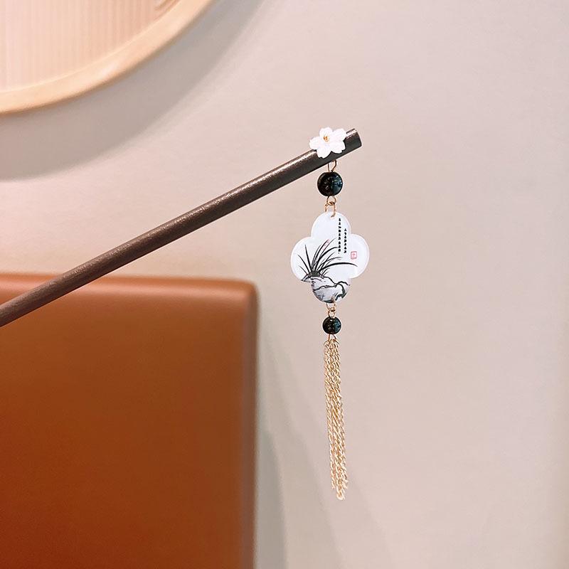 Exquisite Flower Tassel Wooden Hairpin Retro Chinese Style Handmade Floral Hair Stick Vintage Girls Women Hanfu Hair Accessories