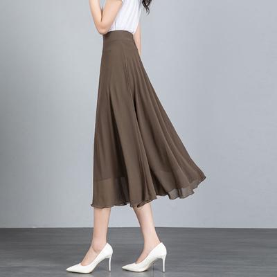 Falda de Gasa Lisa Color Marrón Claro Nueva de Verano de Longitud Media Línea A Gran Oscilación Falda para Mujer Falda hasta la Rodilla