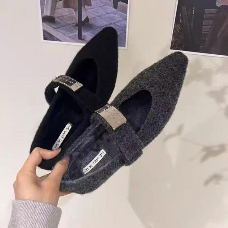 Inner height increase pointed Mary Jane gray fluffy shoes women's new autumn and winter velvet cotton shoes with skirt single shoes