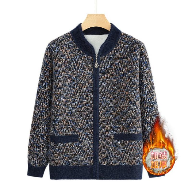 Women's Autumn and Winter Knitted Jacket Mink Fleece Thickened Wool Zipper Cardigan Top