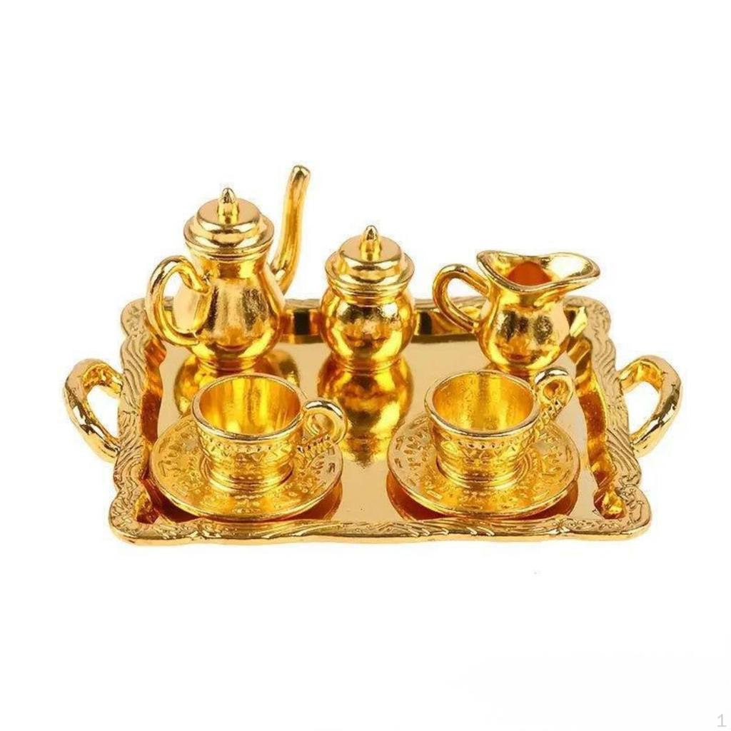 Miniature Tea Set with Tray Lustrous Dollhouse Metalware Toy for Collectors, Hobbyists,