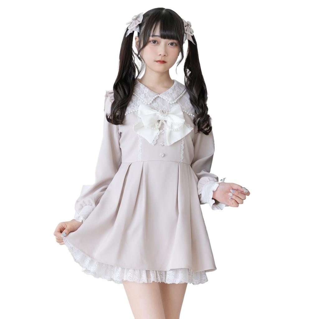 [Yumetembo] Mass-produced Landmine Style Clothing [Dear My Love] Casual Dress, Lace Pearl Ribbon Frill Dress, Women's, Mini, Pink, Yumetenbo