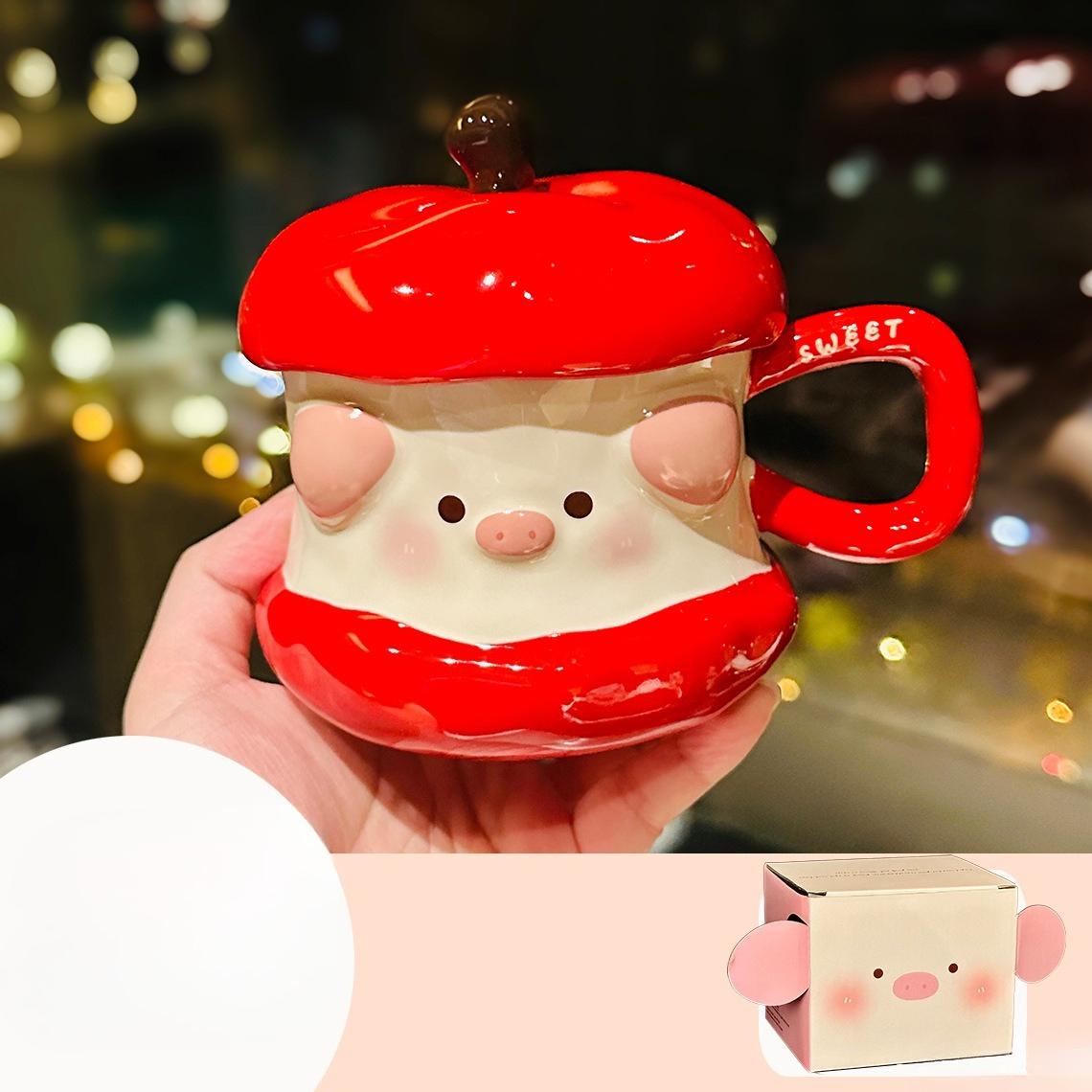 

Cartoon Apple Pig Shape Ceramic Mug with Cover Girly Heart Cute Water Cup Christmas Gift Cup Souvenir 350ml