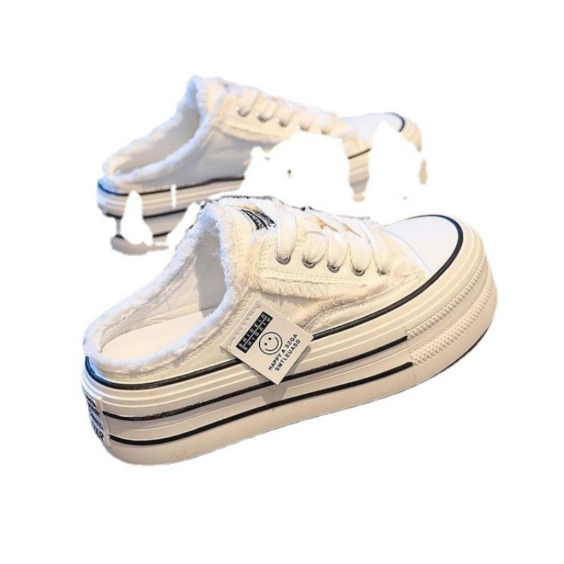 Round Head Heelless Board Shoes Women's Summer Wear New Half-bag Head Canvas Shoes Black Rubber Slippers