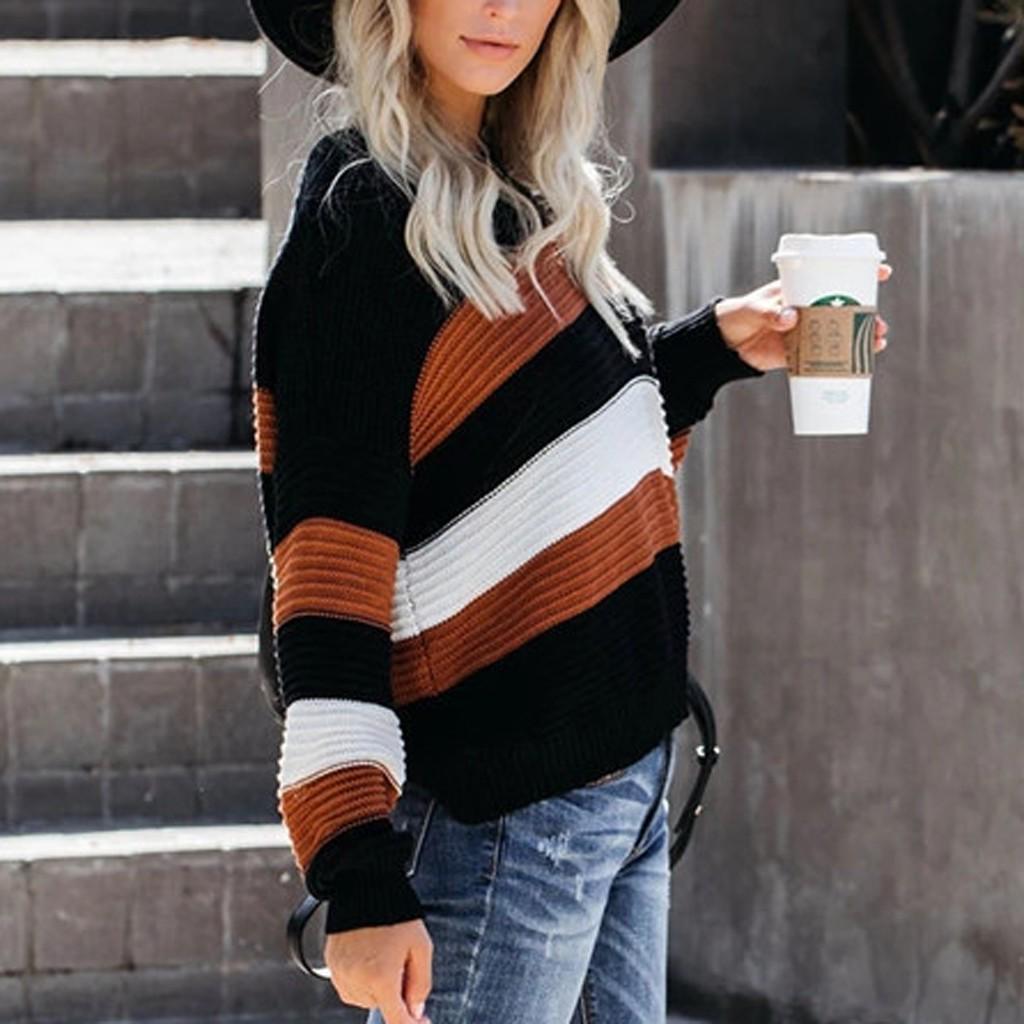 Women's Long Sleeve  Striped Color Block Casual Loose Knitted Pullover