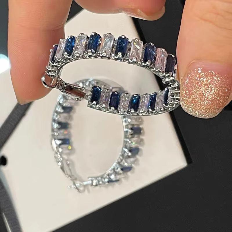 Large Circle Blue And White Zircon Earrings Women'S Fashion Exaggerated Quadrilateral Geometric Jewelry European American Style