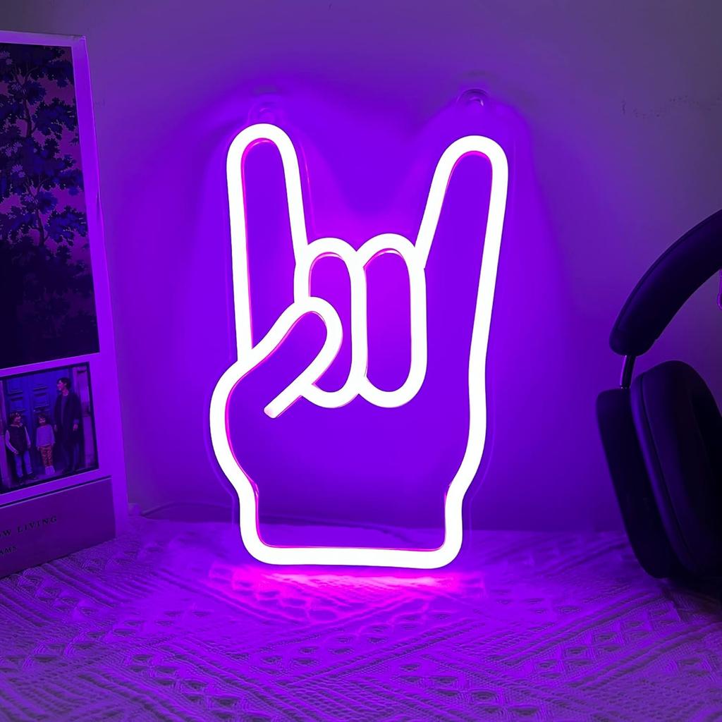 Attivolife Rock Hand Shaped Neon Light, Gamer Wall Decor LED Purple Neon Signs, USB Powered for Bar Christmas Birthday Home Party Gifts