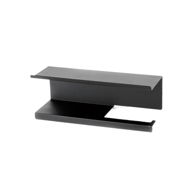 Wall Mounted Toilet Paper Holder Bathroom - No Drill Adhesive Or Screw Installation Black Metal Square Design Modern